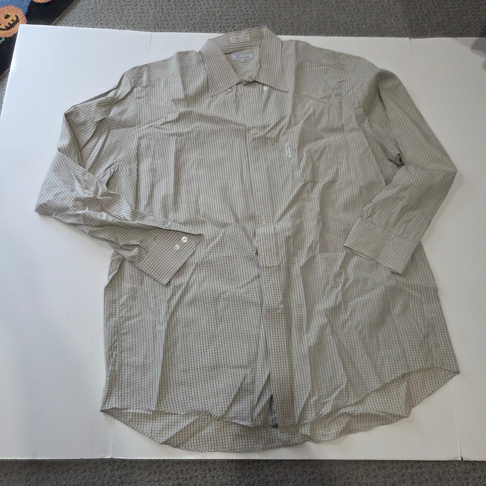 Faconnable Button Down Shirt Mens 18L Tan Check Good Cotton Long Sleeve USA Made